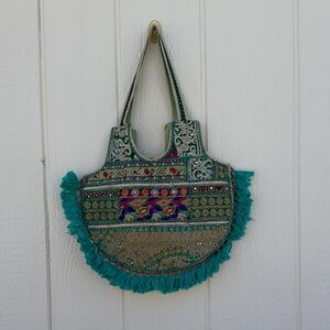 Bohemian Embroidered Teal Fringe Tassel Bag Tote Multicolored Zippered Clousure